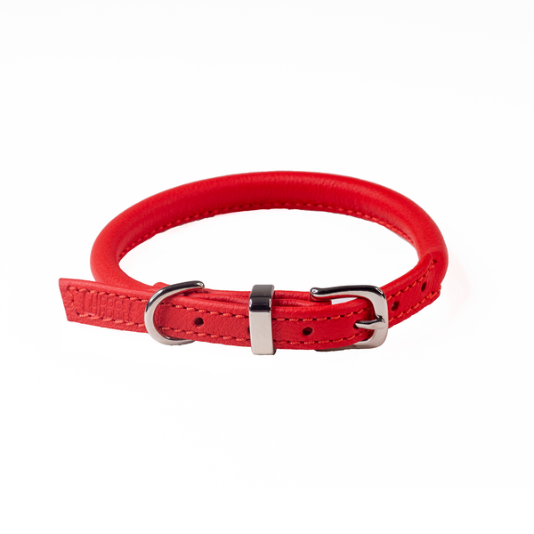 D&H Rolled Leather Collar - Red/Silver