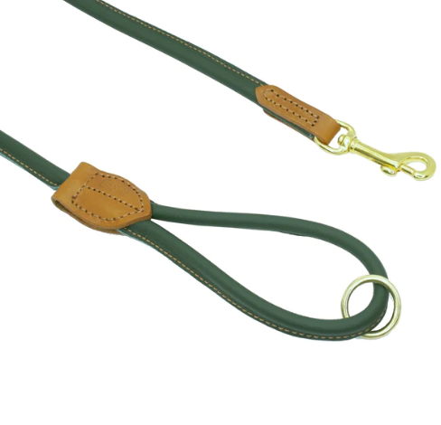 D&H Rolled Leather Collar - Green/Brass