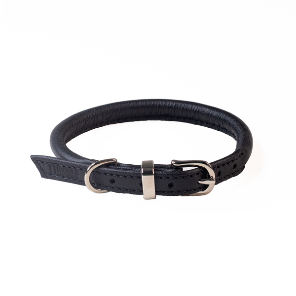 D&H Rolled Leather Collar -  Black/Silver